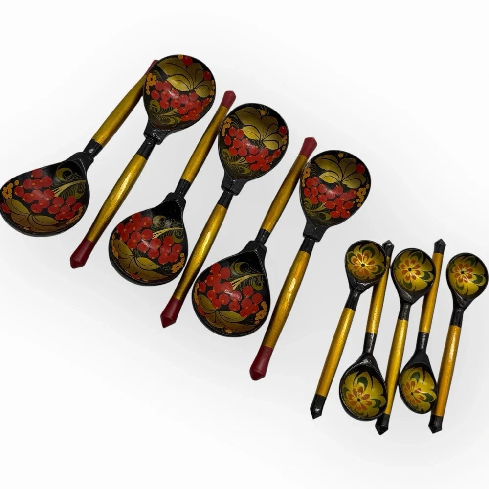 Lot of 11 Vtg Russian Khokhloma Spoons Lacquer‎ Hand Painted Wood  5 Sm 6 Lrg